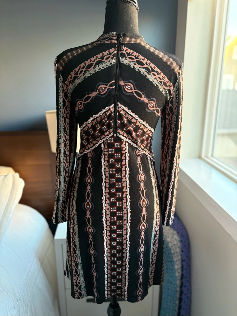 Free People Stella Print Mini Dress High Neck Bracelet Sleeves Sz S